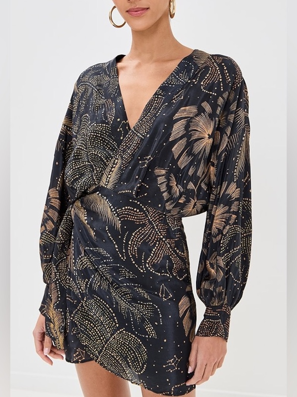 Farm Rio Golden Foliage Black Mini Puffy Sleeve Dress | L - Picture 1 of 8